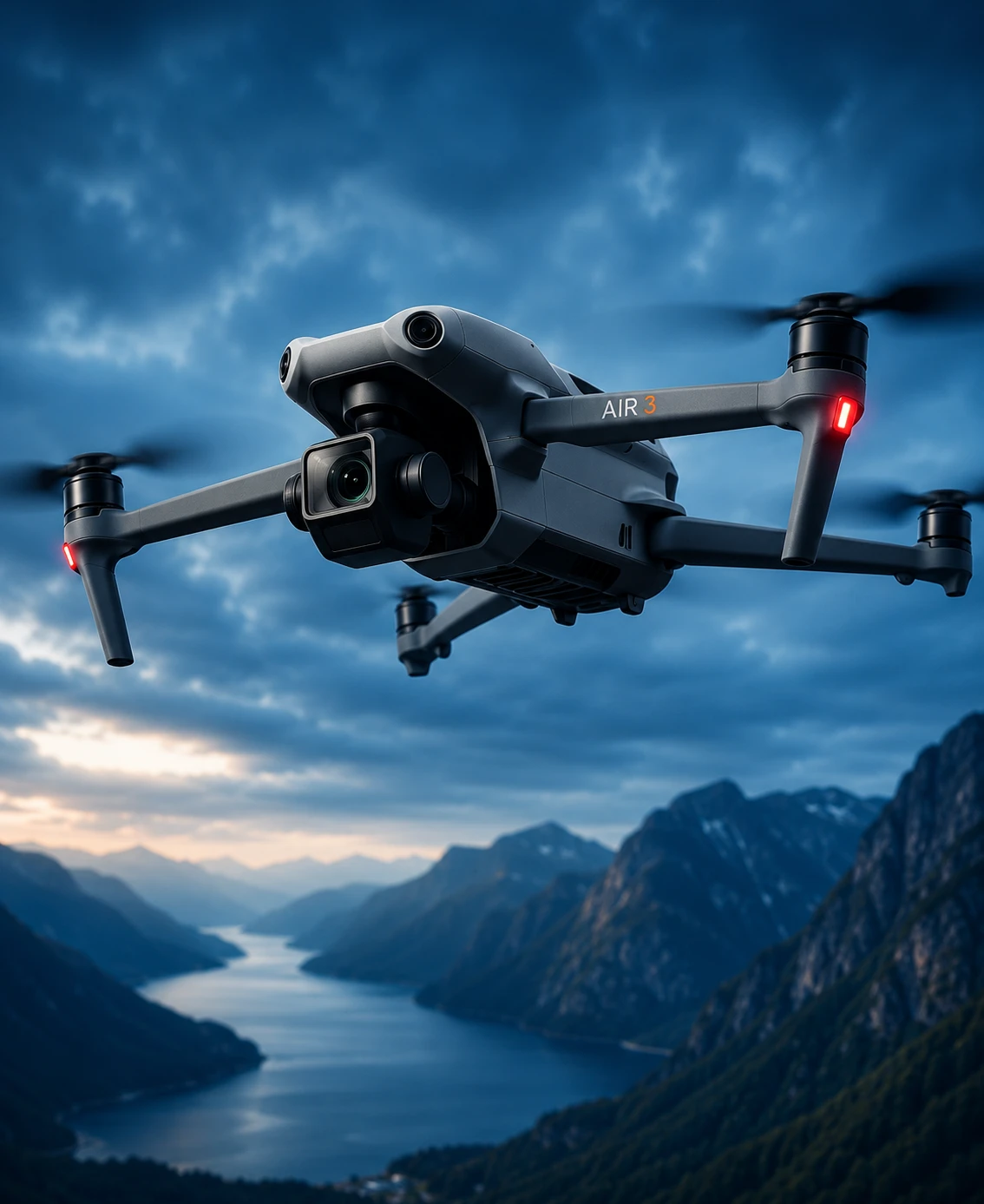 Dron profesional volando sobre un paisaje montañoso